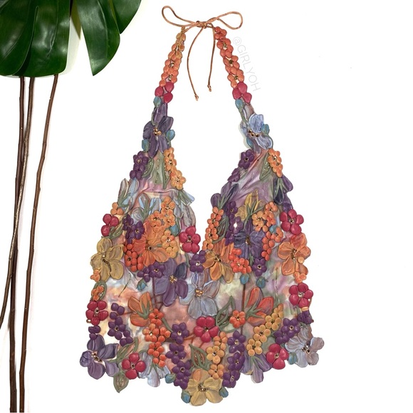 Ema Savahl Swarovski Crystals Flower Halter Tie Back Top - Picture 4 of 12